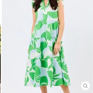Sleeveless Green Floral Tiered Midi Dress - Women's